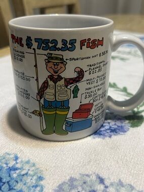White Ceramic Fishing Cartoon Mug with Multicolor Artwork - Vintage